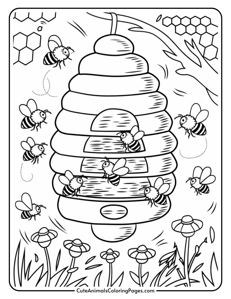 Cartoon bees flying around a beehive hanging from a tree branch, surrounded by flowers and honeycomb patterns.