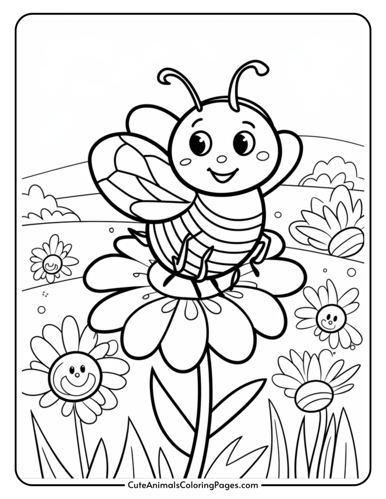 A cute, smiling bee sitting on a flower, surrounded by smiling flowers in a garden.