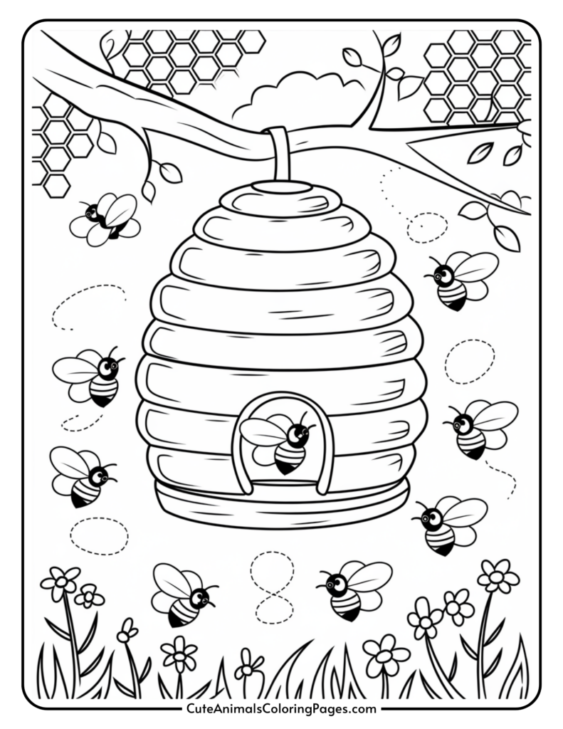 Cartoon bees flying around a beehive hanging from a tree branch, with honeycomb patterns, flowers, and leaves in the background.