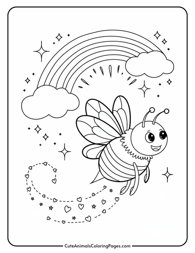 Cartoon bee flying under a rainbow with sparkles and clouds.