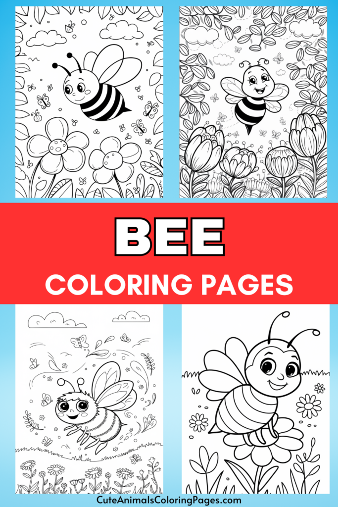 Bee-themed coloring pages with cute illustrations of bees among flowers and plants.