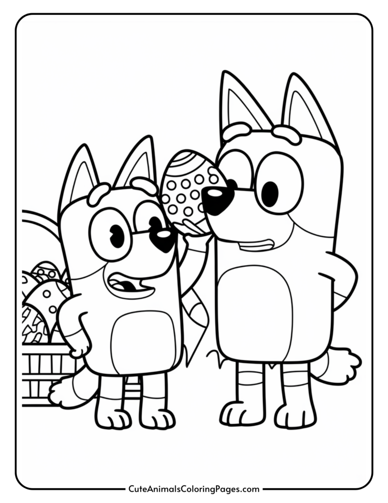 Two cartoon dogs celebrating with an Easter egg, standing next to a basket of decorated eggs.