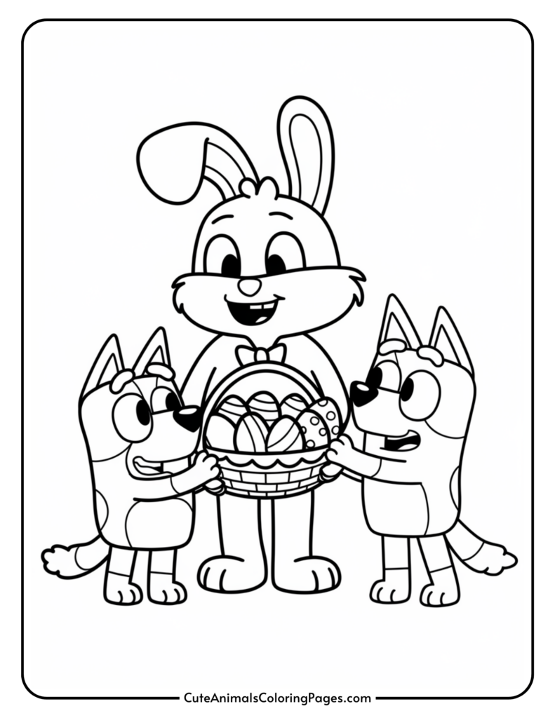 A cartoon bunny holding a basket of Easter eggs, with two cartoon dogs happily reaching for the basket.