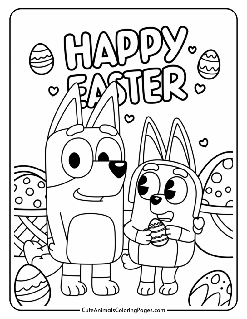 "Happy Easter" coloring page featuring cartoon dogs holding an Easter egg, with decorated eggs and hearts in the background.