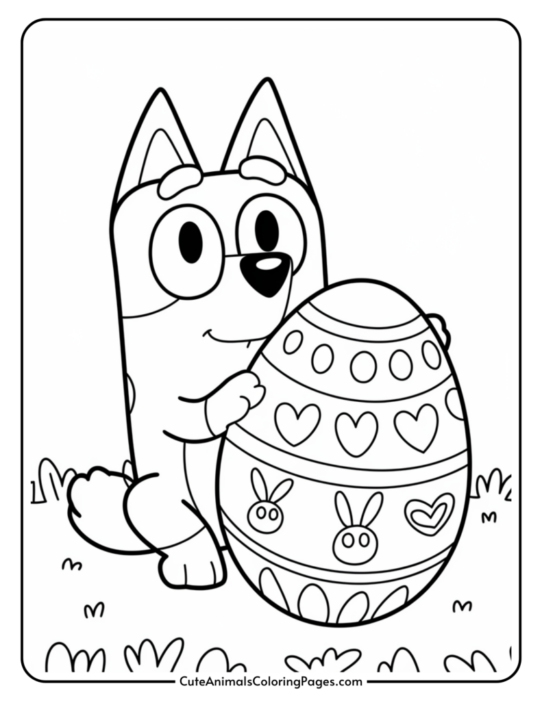 Cartoon dog holding a large, decorated Easter egg with hearts and bunny designs, surrounded by grass.