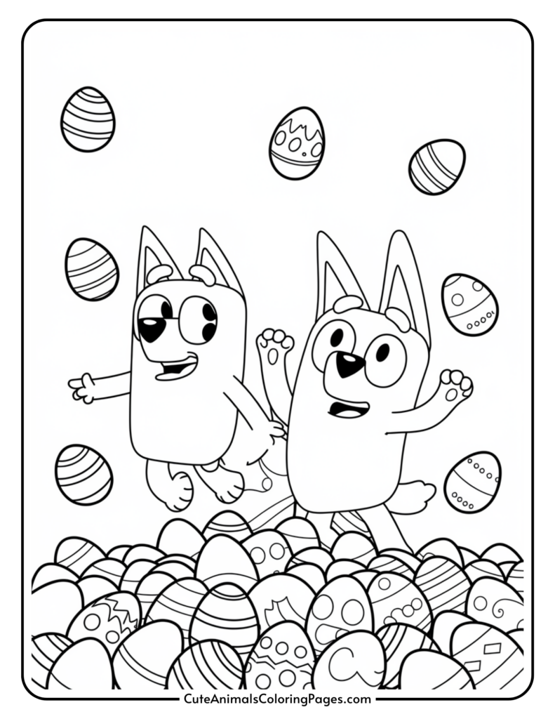 Two cartoon dogs happily playing with Easter eggs in a pile.