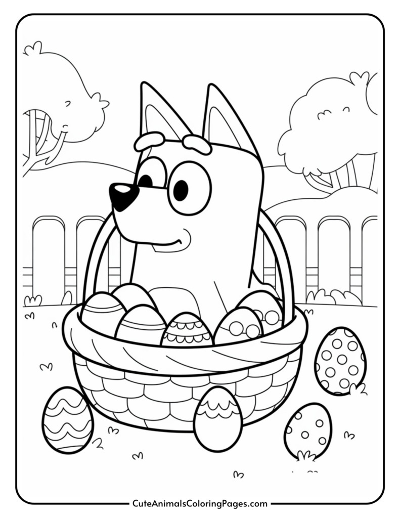 Cartoon dog character sitting in a basket filled with decorated Easter eggs, in a garden or park setting with trees.