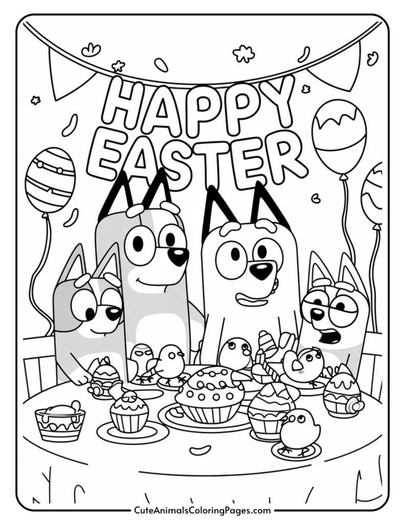 Four cartoon dogs celebrating Easter with cupcakes and eggs on a table, under a "Happy Easter" banner.