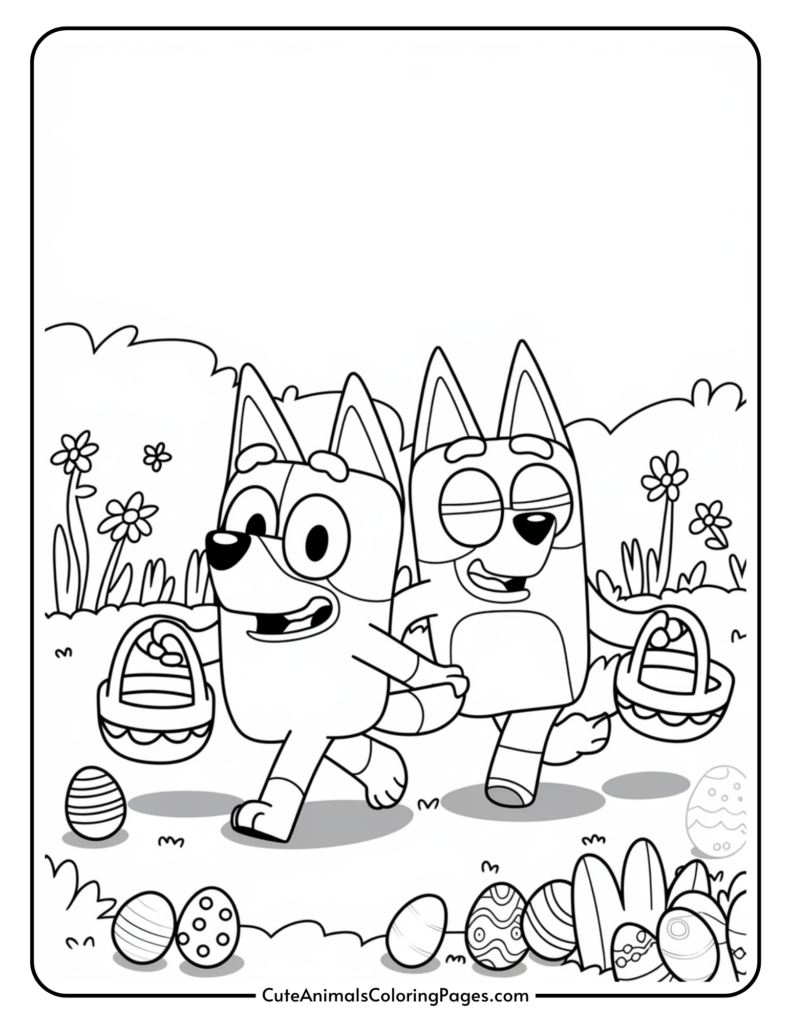 Two cartoon dog characters holding baskets, walking joyfully through a grassy field decorated with Easter eggs and flowers.