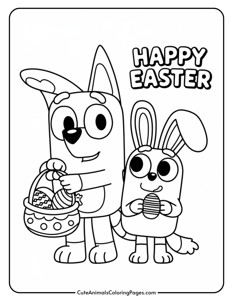 Cartoon characters with an Easter basket and egg, with "Happy Easter" text above.