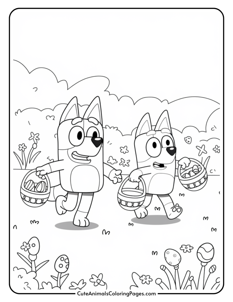 Two cartoon dogs are walking in a field, carrying baskets with Easter eggs, surrounded by plants and flowers.