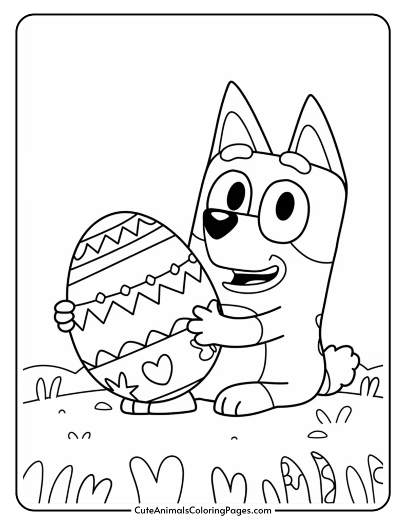 Cartoon dog holding a large, decorated Easter egg outdoors.