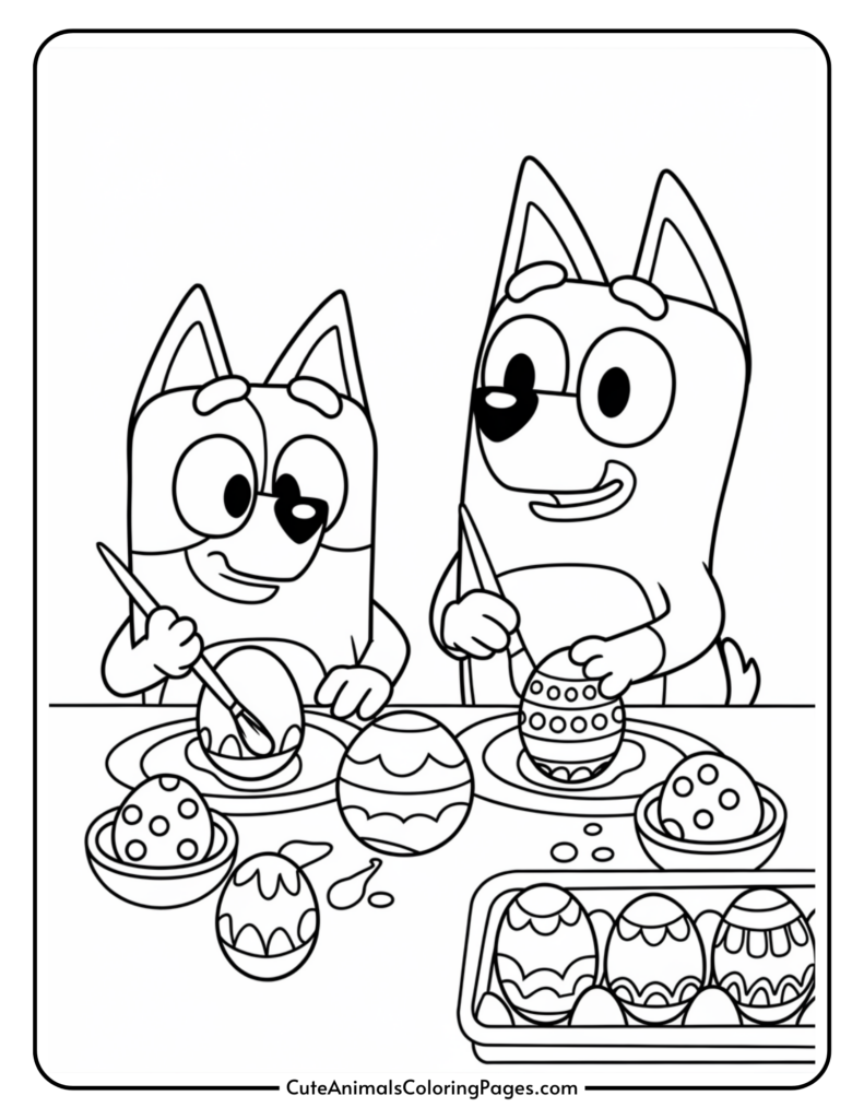 Cartoon dogs painting Easter eggs at a table with various decorated eggs.