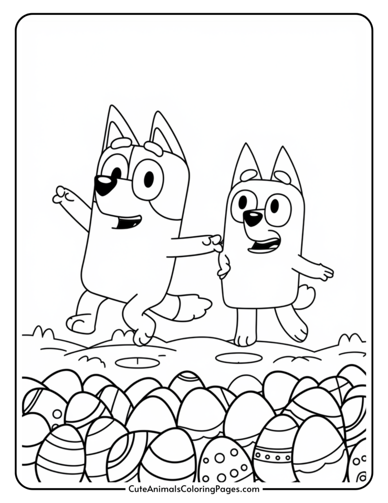 Two cartoon dogs happily running on a field with decorated Easter eggs in the foreground.