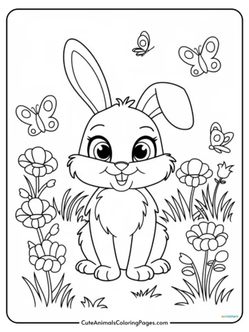 Cute cartoon bunny surrounded by flowers and butterflies in a coloring page.