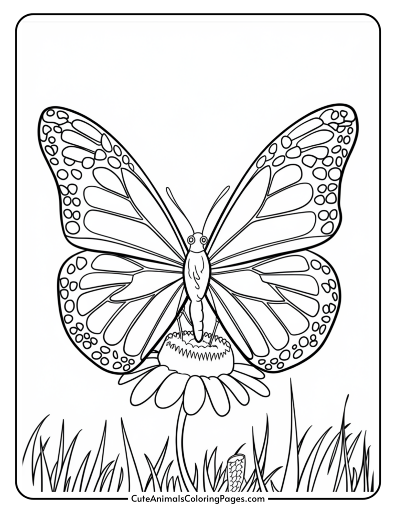 A coloring page of a butterfly on a flower, surrounded by grass.