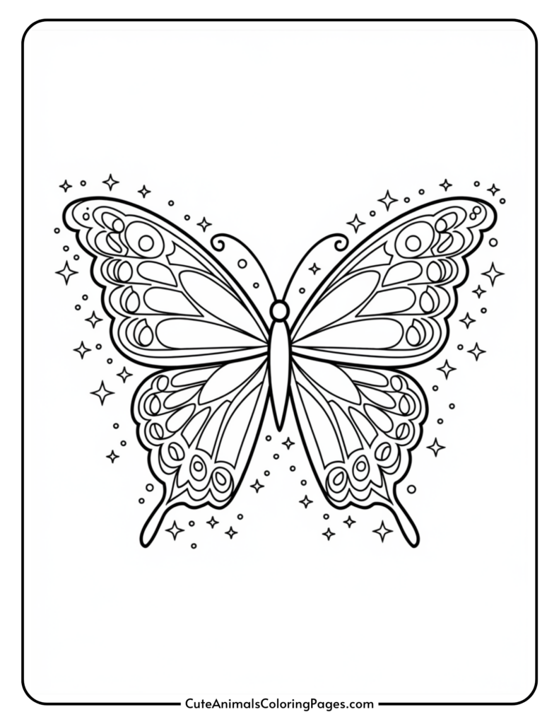 Illustration of a butterfly with decorative patterns on its wings and stars surrounding it.