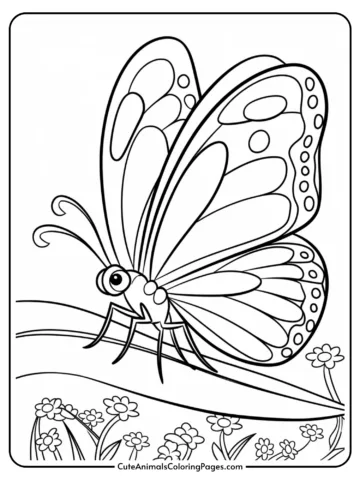 A coloring page of a butterfly on a leaf with flowers in the background.