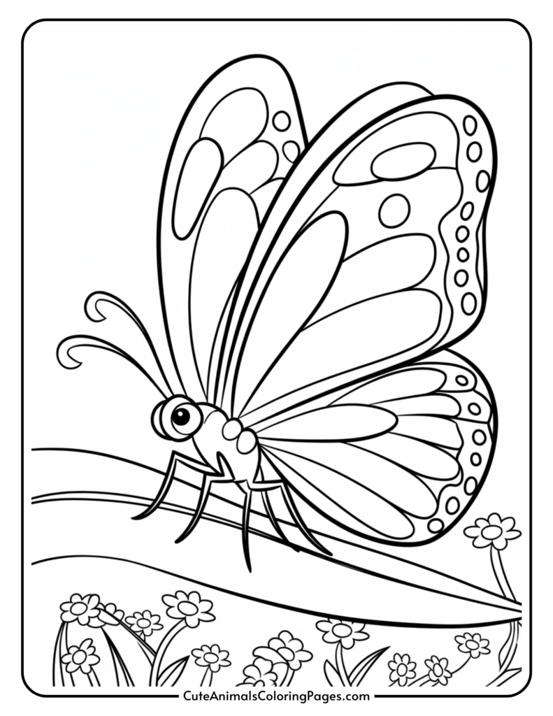 A coloring page of a butterfly on a leaf with flowers in the background.