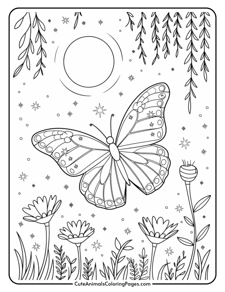 A butterfly flying above flowers with stars and a large sun in the background, surrounded by hanging branches.