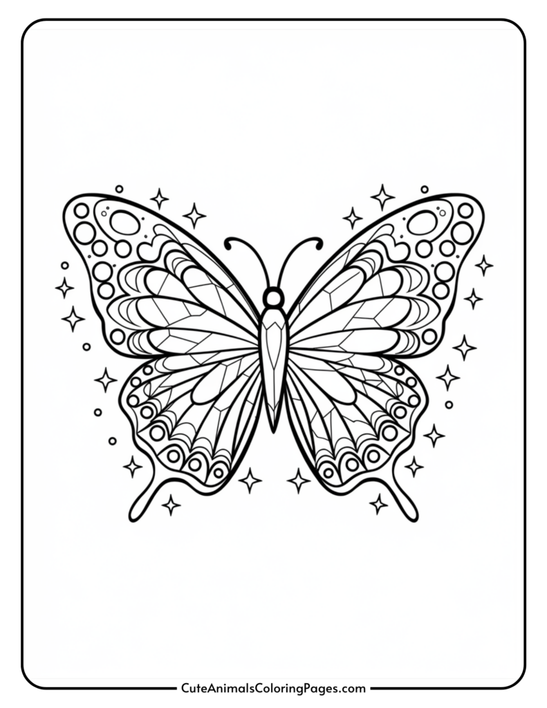 A detailed butterfly coloring page design with intricate patterns and star-like accents.