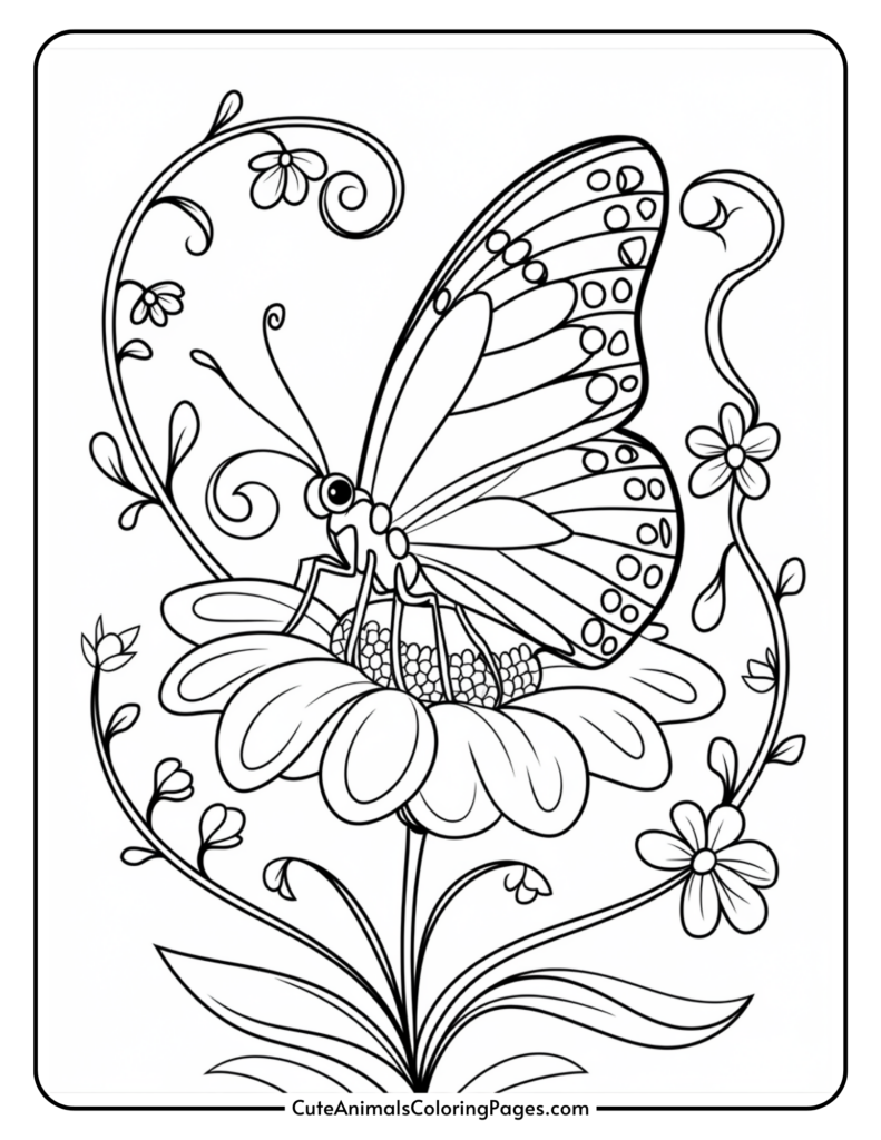 A butterfly perched on a flower surrounded by decorative swirling vines and smaller flowers in a coloring page.