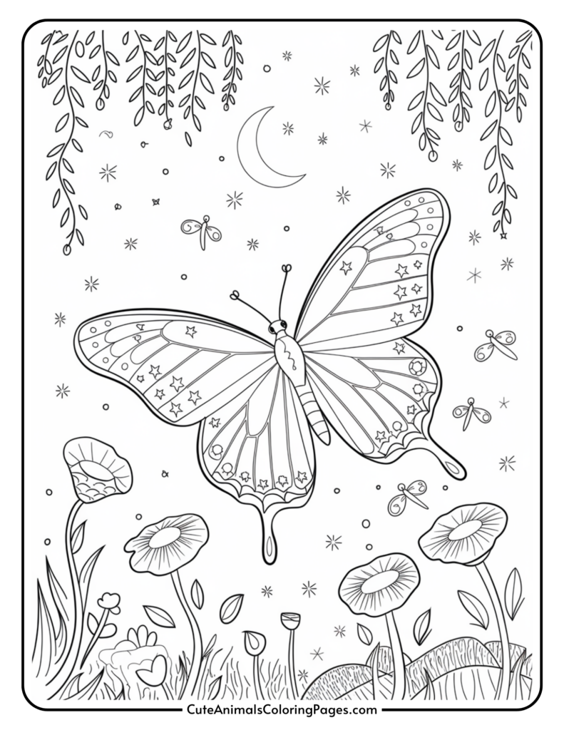 A coloring page featuring a large butterfly with stars on its wings, surrounded by flowers and grass below, with a crescent moon and hanging branches above.