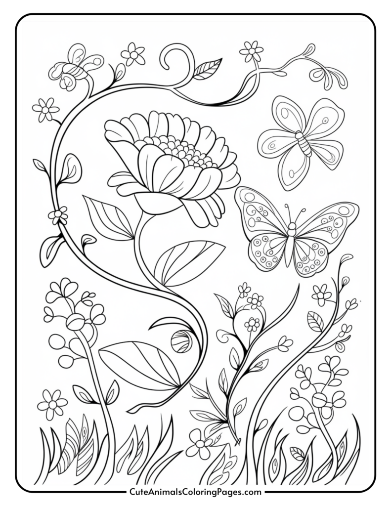 Coloring page featuring a large flower, two butterflies, and various smaller flowers and leaves with intricate patterns.