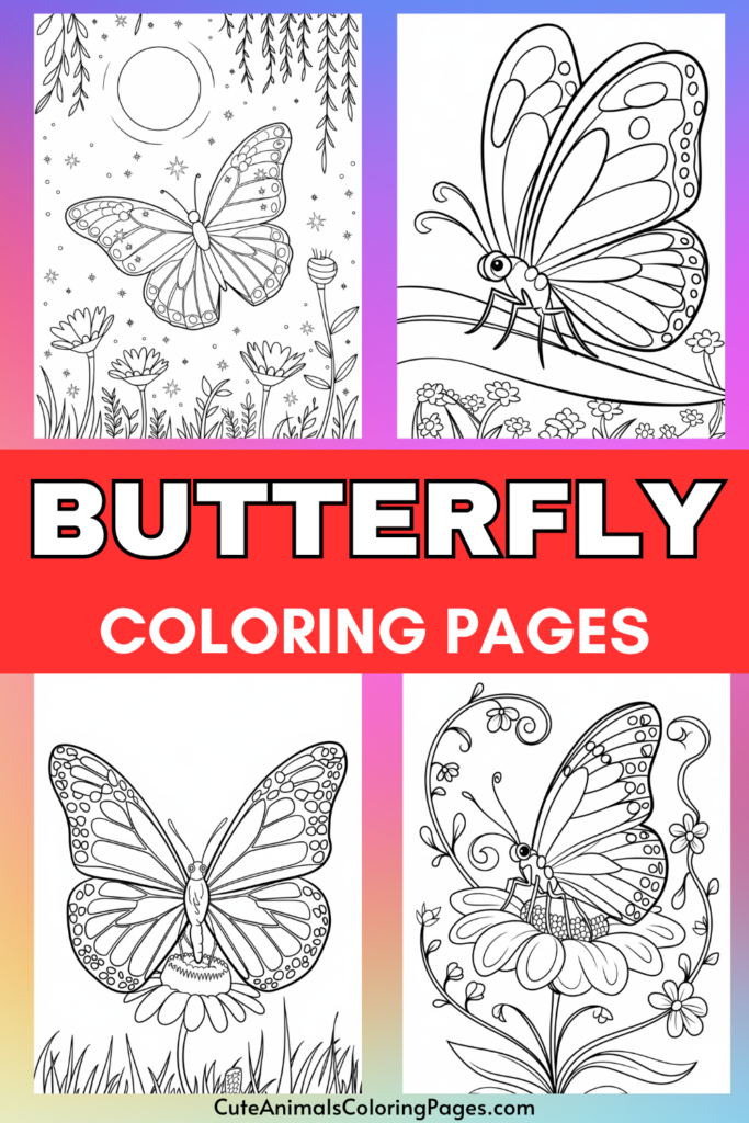 Butterfly coloring pages with intricate butterfly designs on flowers, featuring a bold red banner labeled "Butterfly Coloring Pages."