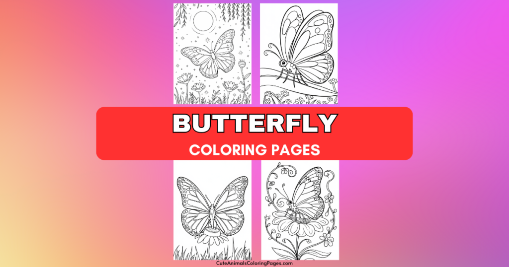 Butterfly coloring pages with decorative designs on a gradient background.