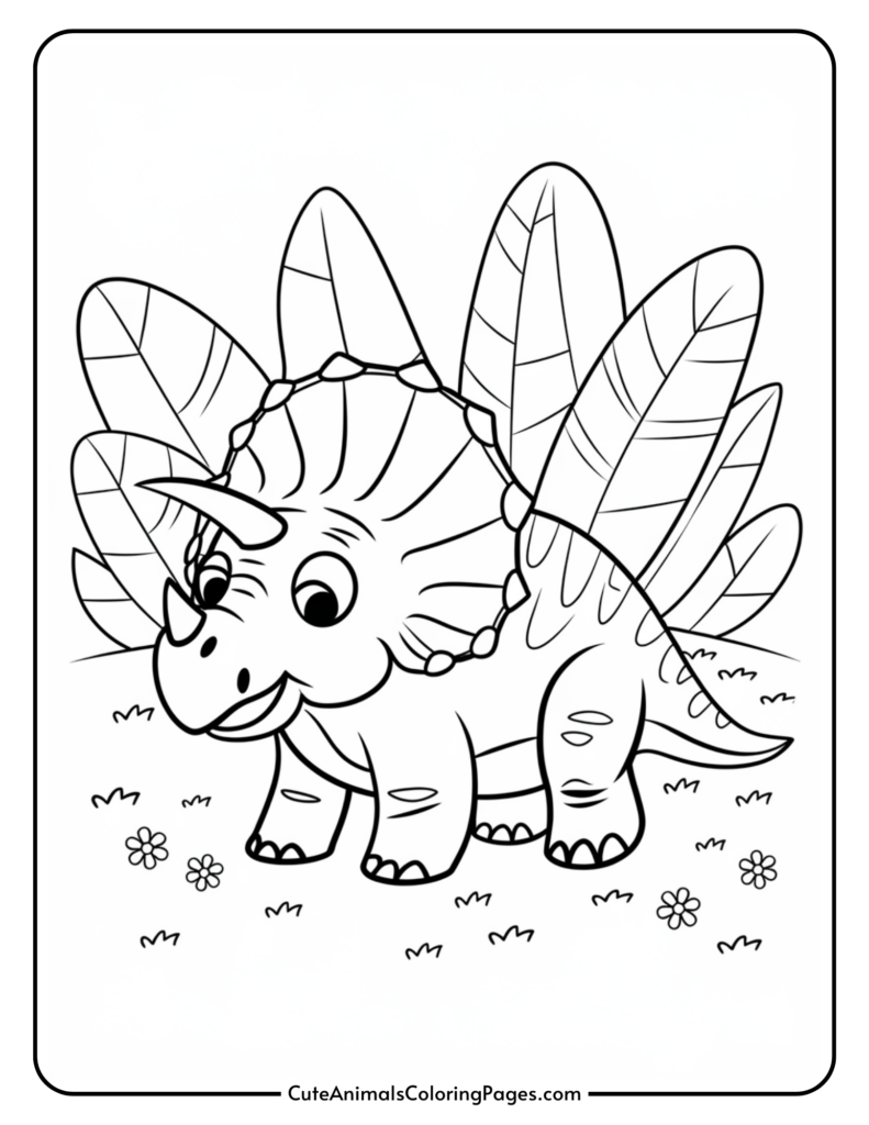 A cute cartoon triceratops with large eyes and a smiling expression stands in a grassy area, surrounded by plants and flowers.