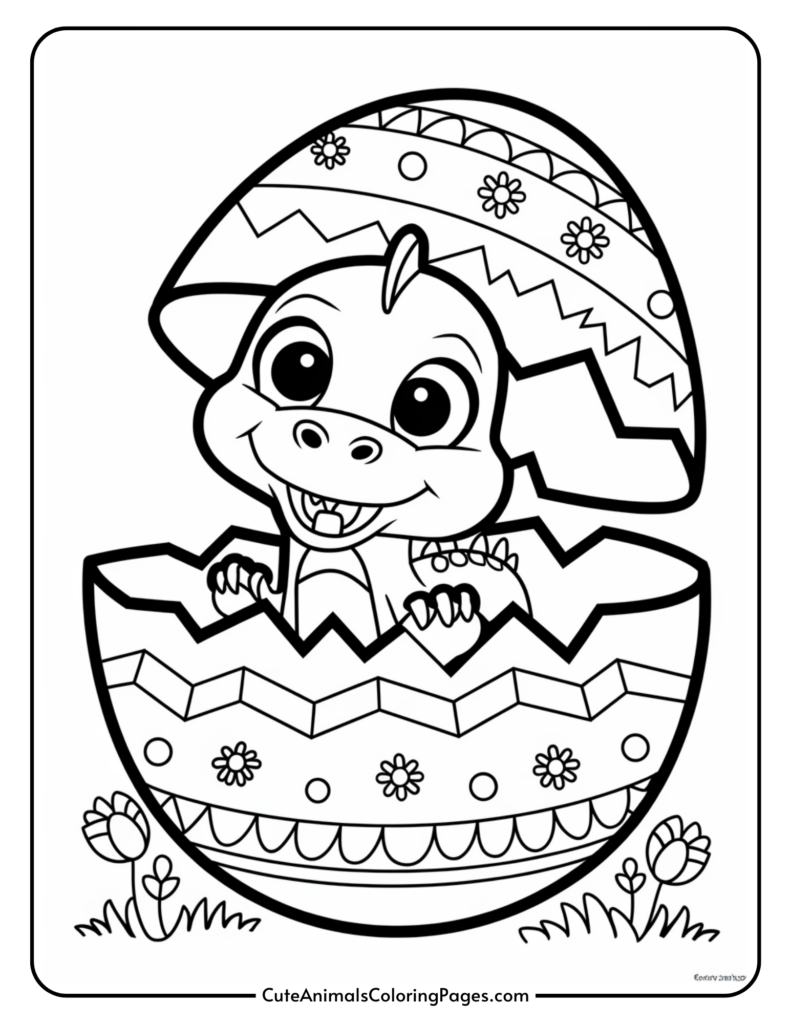 A cartoon baby dinosaur hatching from a decorated egg with flowers and zigzag patterns, surrounded by small flowers.