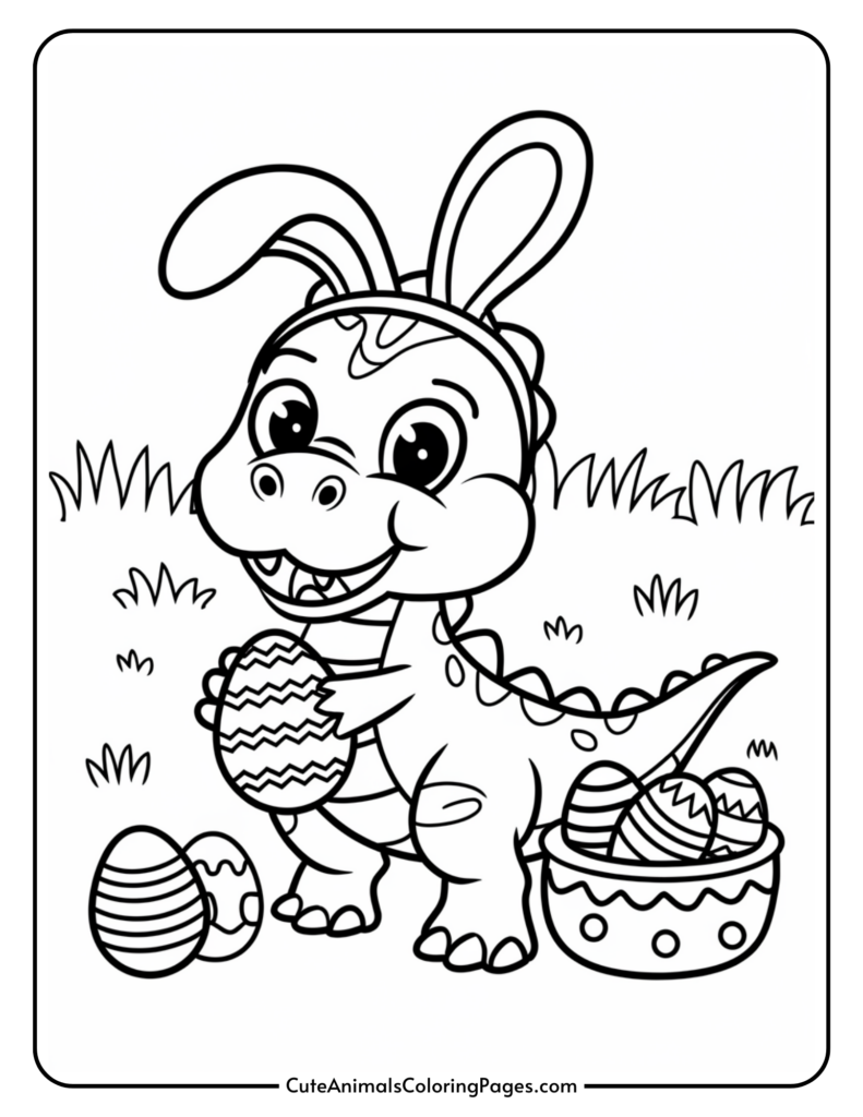 A cartoon dinosaur wearing bunny ears holds a decorated Easter egg, surrounded by more eggs in grass.