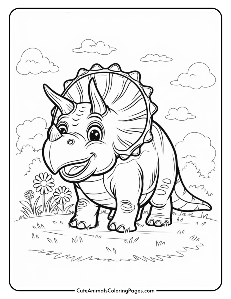 Cartoon triceratops coloring page with flowers and clouds in the background.