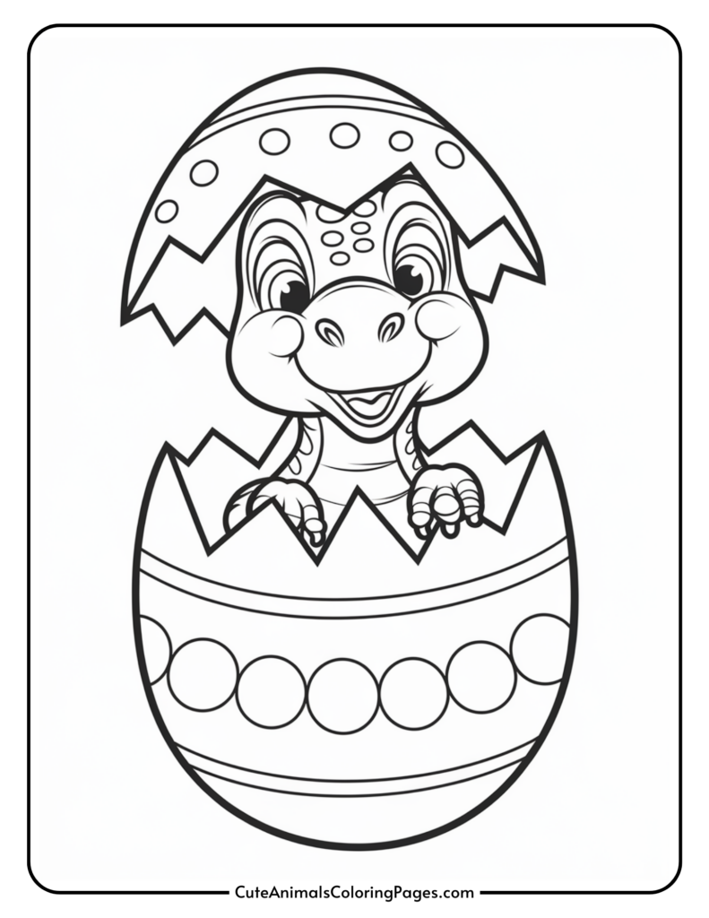 Cartoon dinosaur hatching from a decorated egg.