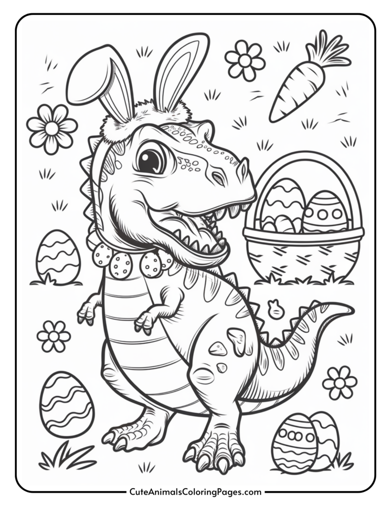 A cartoon dinosaur wearing bunny ears and a polka-dot scarf stands amid Easter eggs, flowers, and a basket of eggs, with a carrot in the background.