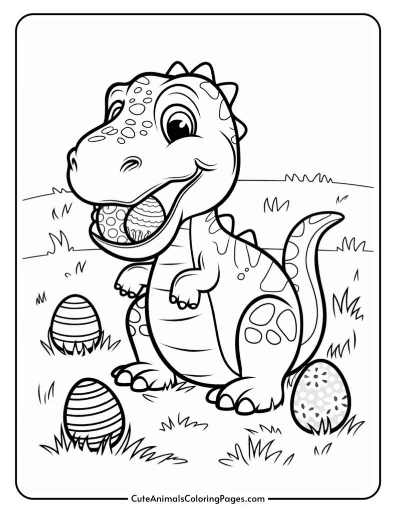 A cute dinosaur holding a decorated egg, surrounded by more eggs on the ground.