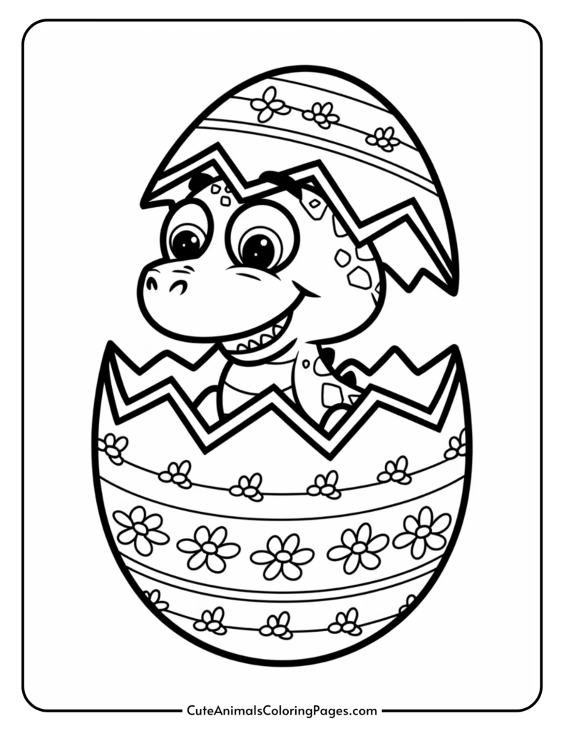 Cartoon baby dinosaur hatching from a decorated Easter egg.