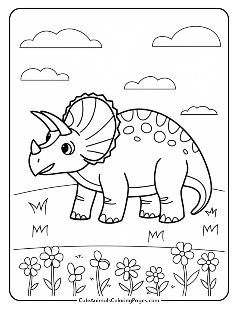 A cartoon triceratops standing in a field with flowers and clouds in the sky.