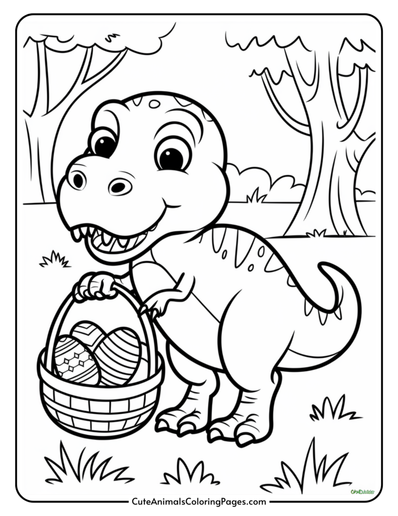 A cute dinosaur holding a basket of decorated eggs, standing in a grassy outdoor setting with trees in the background.