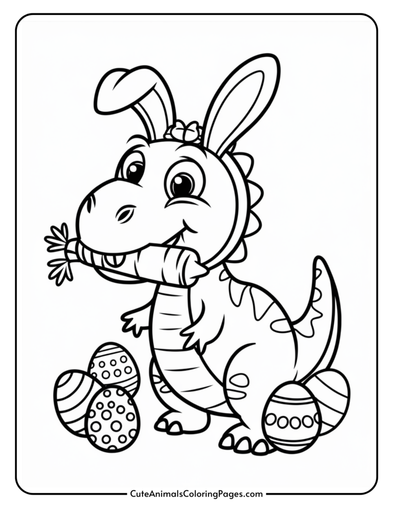 A cartoon dinosaur with bunny ears holding a carrot, surrounded by decorated eggs.