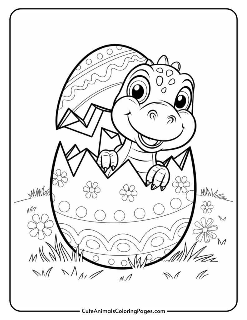 A cartoon baby dinosaur hatching from a decorated egg surrounded by grass and flowers.