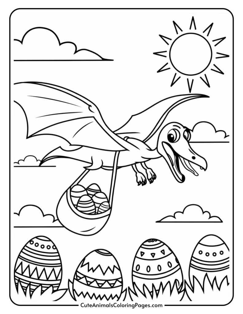 A cartoon pterodactyl flying with a basket of Easter eggs and several decorated eggs on the ground.