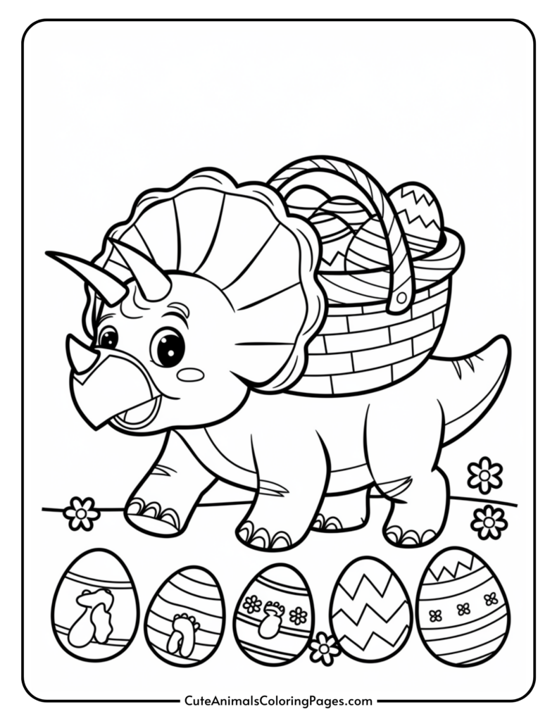 A cute triceratops carrying a basket with Easter eggs on its back, surrounded by flowers and decorated eggs at the bottom.