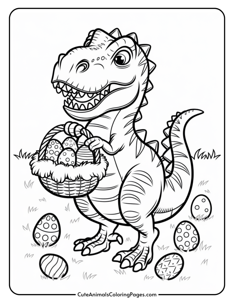 A cartoon dinosaur holding a basket of decorated Easter eggs, standing on grass with more eggs scattered around.