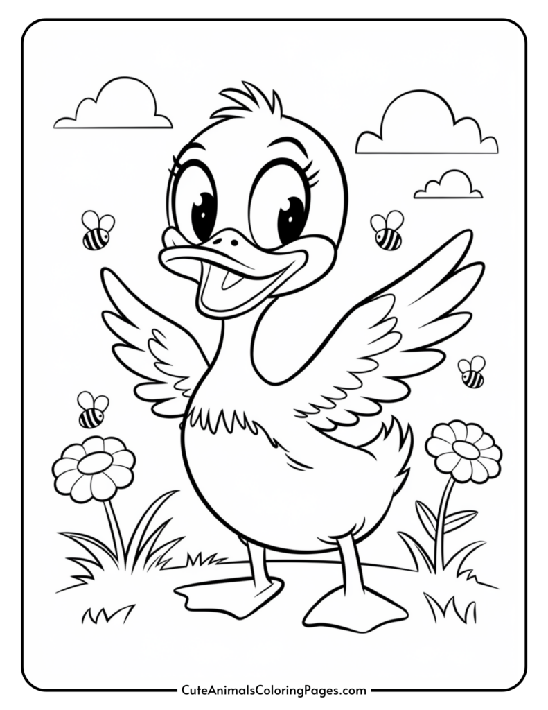 A cartoon duckling with large eyes and spread wings stands in a field with flowers, clouds, and bees.