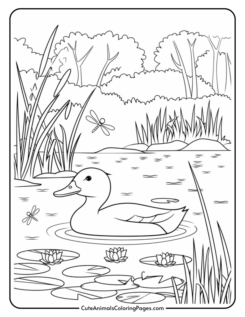 Duck swimming in a pond with water lilies and reeds, dragonflies flying above, and trees in the background.