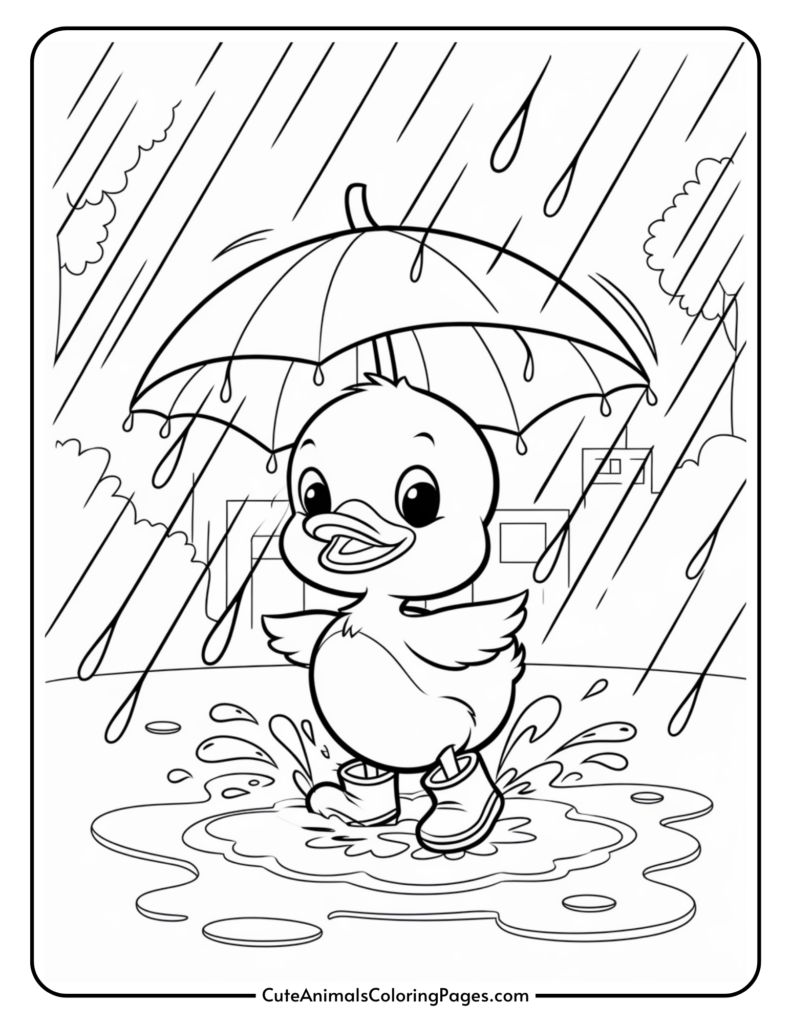 A cute duck holding an umbrella, splashing in a puddle during rain.