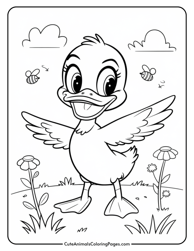 Cartoon duck with open wings standing in a grassy field with flowers and bees, under a partly cloudy sky.