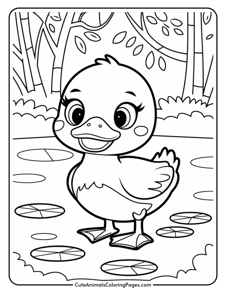 A cute cartoon duckling standing on lily pads in a pond with trees in the background.